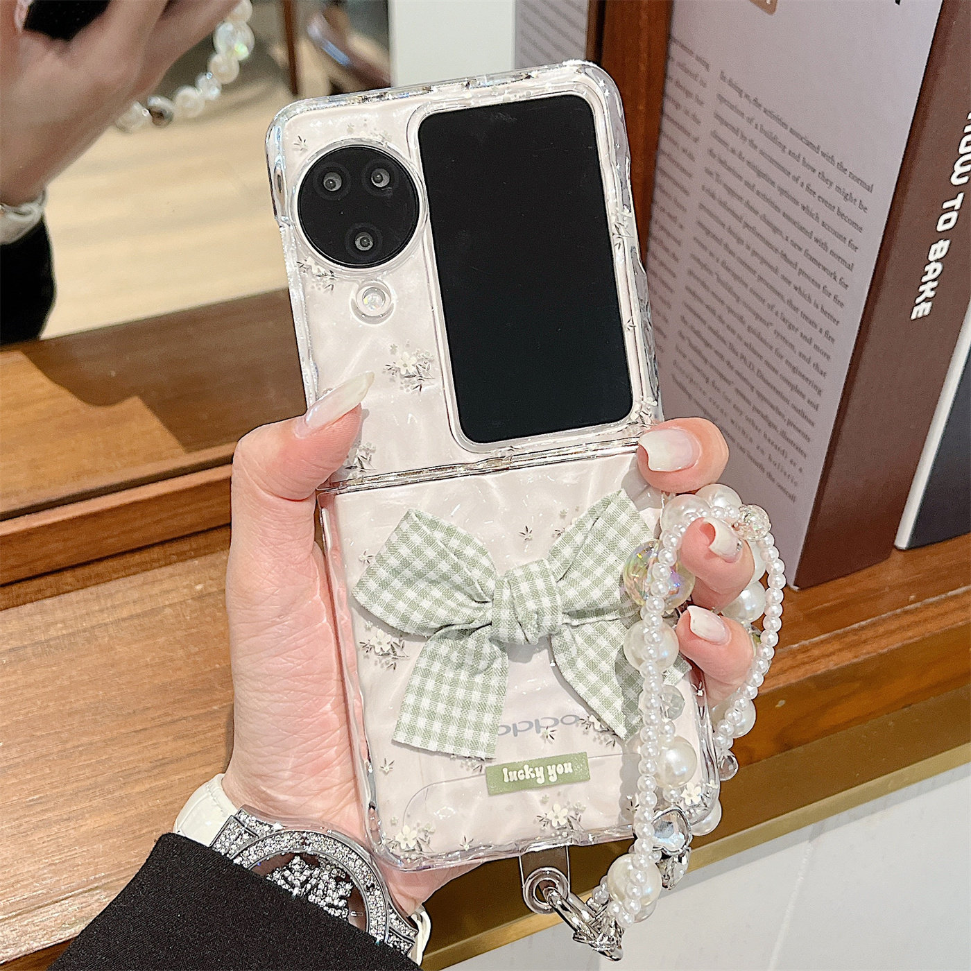 适用OPPO Find N3 Flip手机壳新款透明水波纹小白花N2Flip折叠屏硬壳全包防摔高级感格子蝴蝶结手链女保护套