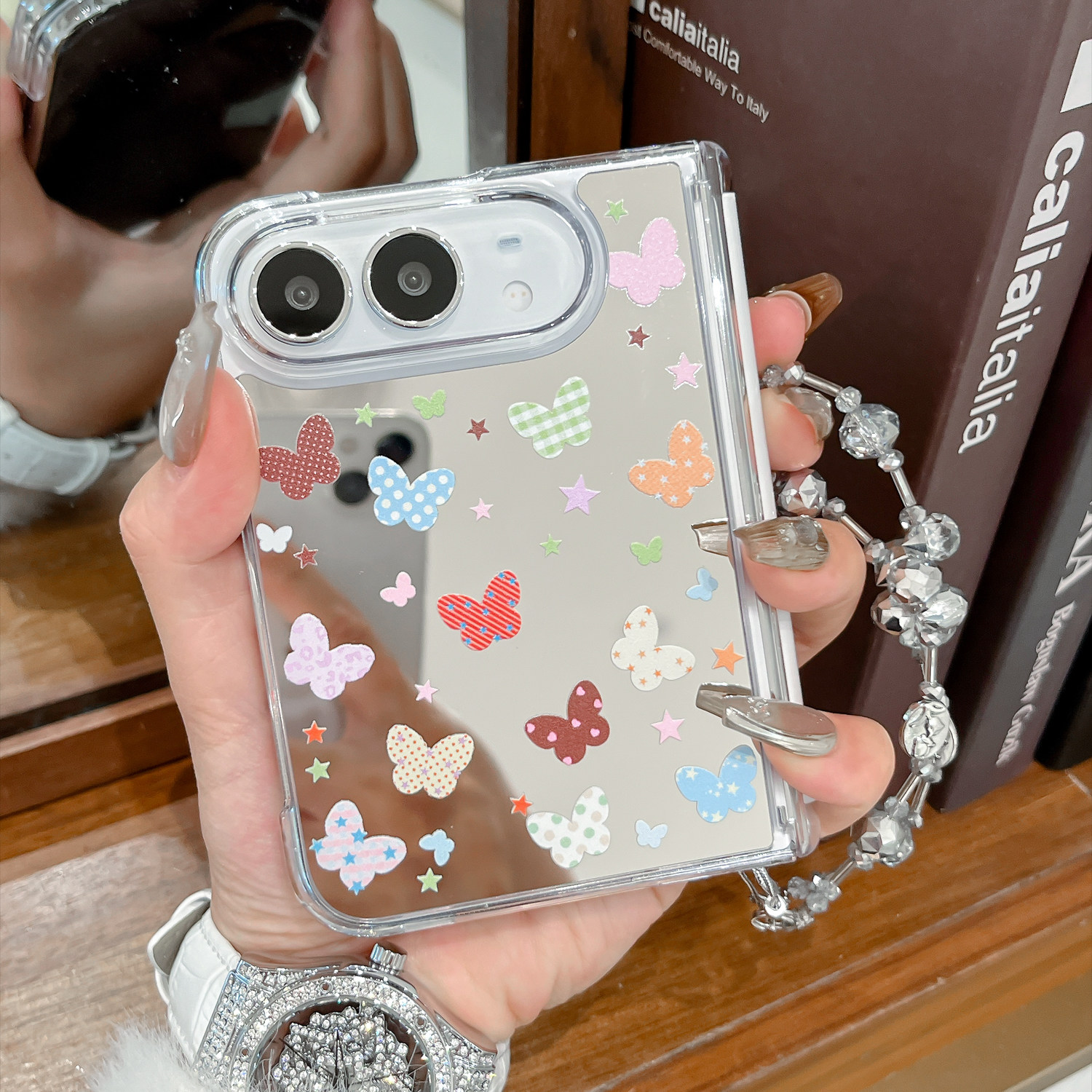 日韩镜面彩色蝴蝶适用iPhone Duo手机壳简约新款苹果Duo折叠屏全包中轴防摔外壳iPhone duo个性女手提保护套