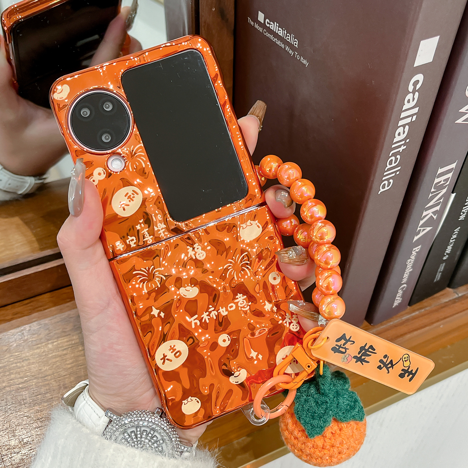 折叠屏橙色硬壳防摔手提链保护套