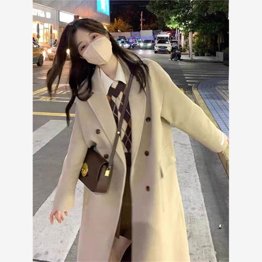 杏色毛呢外套女2025秋冬新款高级感韩系中长款气质西装领呢子大衣