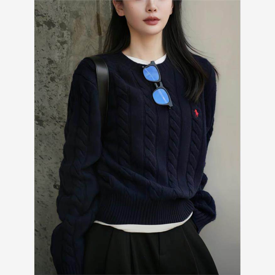 藏青色刺绣麻花圆领套头毛衣女秋冬内搭软糯针织衫打底上衣加厚