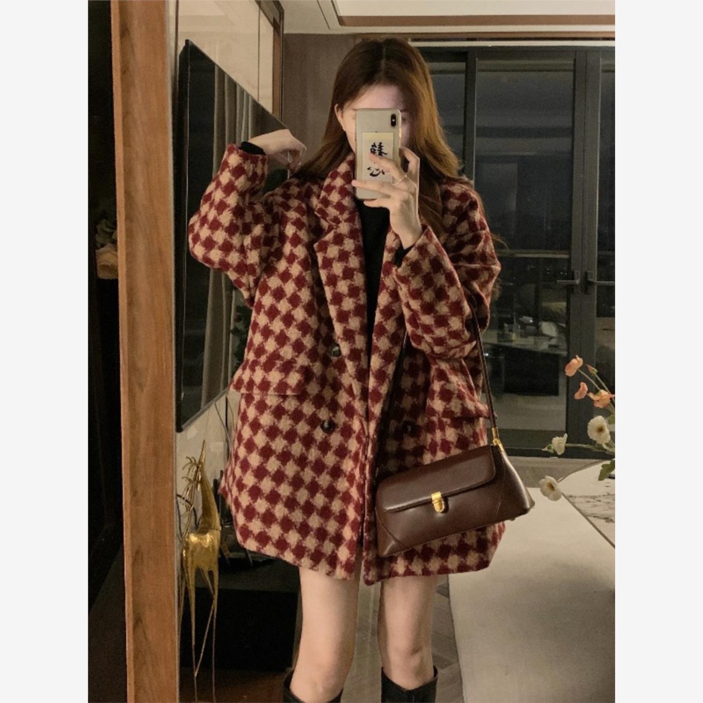美拉德复古格子西装毛呢外套女秋冬季新款百搭高级感气质呢子大衣