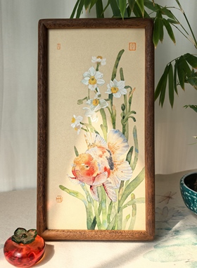 倚竹手绘金鱼泰狮国画挂摆两用工位装饰画茶桌摆台禅意桌面摆件
