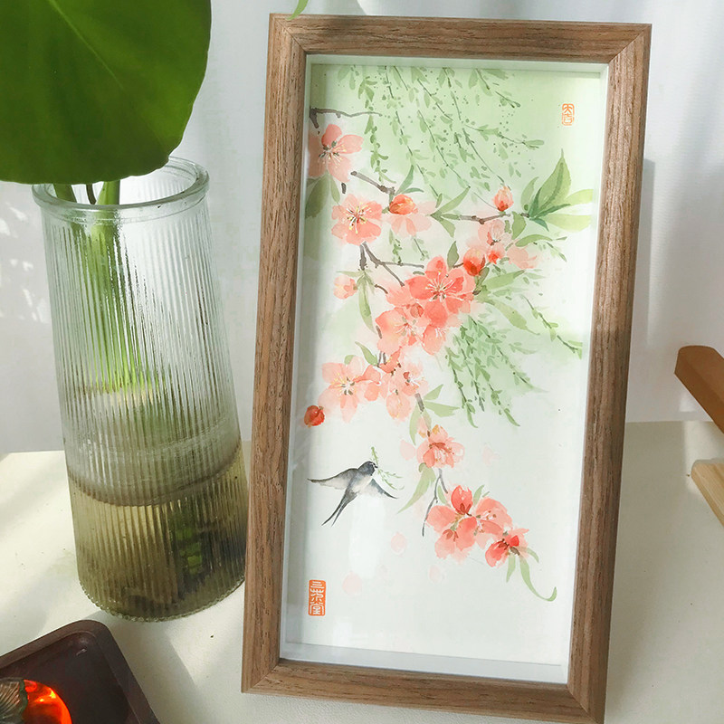 倚竹◎纯手绘国画桃花柳树摆台桌面装饰画没骨画摆件原创成品带框