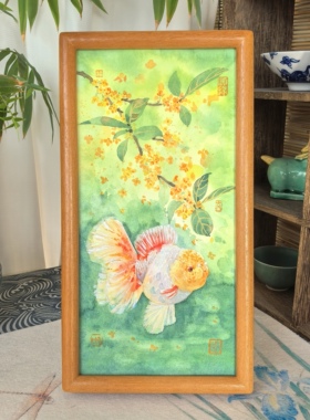 倚竹手绘金鱼水彩画挂摆两用工位装饰画茶台茶桌摆台禅意桌面摆件