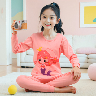 儿童家居服A类 纯棉100%卡通中大童衬衣衬裤 秋冬女童秋衣秋裤 套装