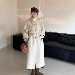 立领双面羊毛大衣女系带单排扣长款宽松加厚简约羊毛毛呢外套秋冬