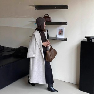 大翻领双面羊毛大衣女加长款 系带毛毛呢外套女 宽松加厚保暖浴袍款