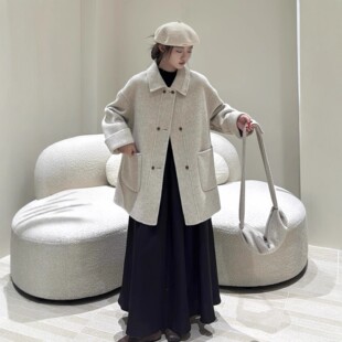 送小挎包翻领双面羊毛大衣中长款宽松加厚保暖双排扣羊毛毛呢外套