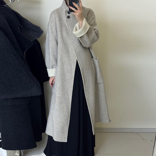 双面双色羊毛呢大衣长款 立领羊绒毛呢外套 宽松细带加厚简约设计款