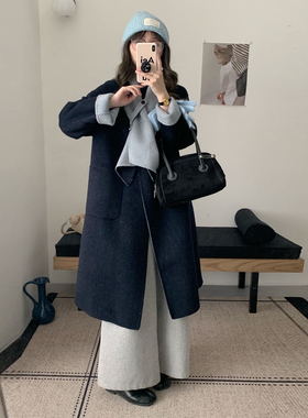 ins围巾设计感AB面双面羊绒大衣女 长款宽松加厚保暖羊毛呢外套女