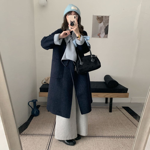 围巾设计感AB面双面羊绒大衣女