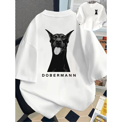 Women'S Neck with Doberman Pug Illustration Short Sleeve Sum