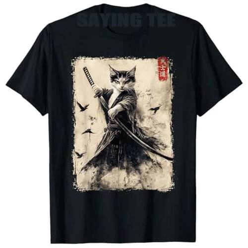 Black Cat Graphic Tee Warrior Vintage Japanese Art Anime T-S