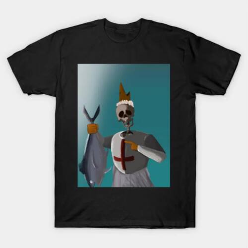 Skeleton Crusader Knight Holding Fish Funny Art T-shirt For