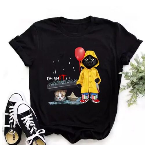 Funny Black Cat Print T-shirt for Women Casual White Top Har