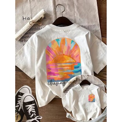 Chasing Sunset Watercolor Sunrise Print T-Shirt Casual Loose