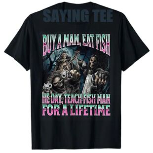 Buy A Man Eat Fish Funny Hard Skeleton Meme Bootleg T-Shirt