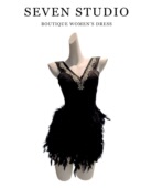 收腰无袖 2025新款 欧美背心气质系带修身 裙子毛毛跨境羽毛V领镶钻