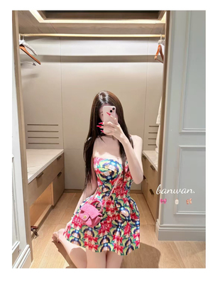 网红同款 原创日式玫瑰抹胸花苞立体蓬蓬连衣裙女夏装显瘦短裙