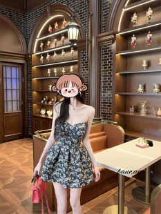 网红同款 原创日式玫瑰抹胸花苞立体蓬蓬连衣裙女夏紧身爆款