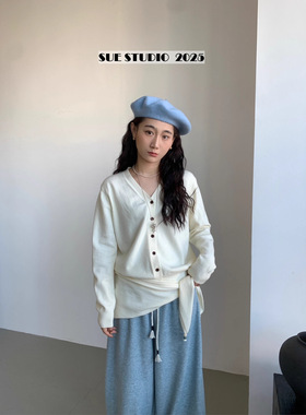 SUE十三行复古韩系V领纯色针织开衫冬季新款百搭保暖上衣女37508