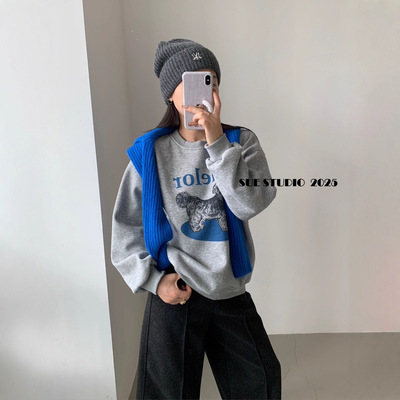 SUE韩代款复古ins可爱卡通印花加绒卫衣冬季圆领长袖上衣女97106
