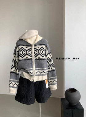 SUE复古费尔岛提花图腾翻领拉链毛衣外套减龄学院风针织开衫37529