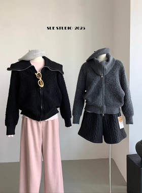 SUE老钱风圈圈毛拉链毛衣外套短款上衣宽松大翻领针织开衫女37535