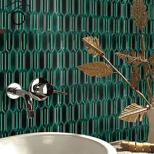 立体凹凸箭型马赛克墙砖 轻奢复古卫生间厨房餐厅墨绿色墙面砖