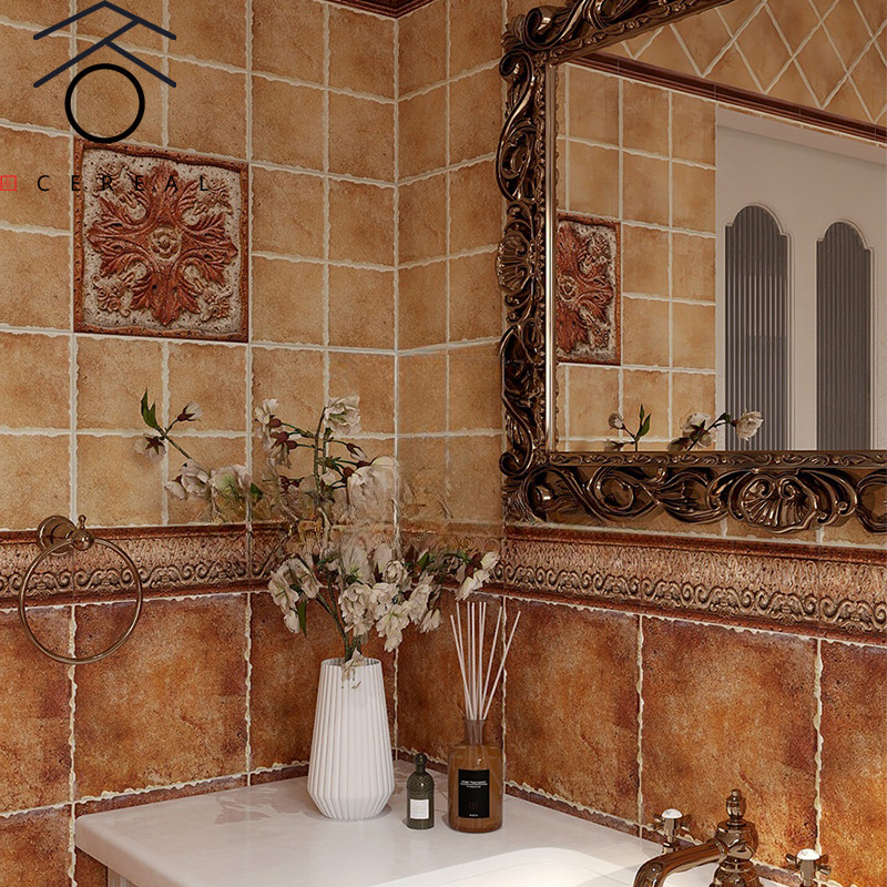 美式复古做旧卫生间厨房墙地砖300x300复古黄蓝色厨房餐厅仿古砖