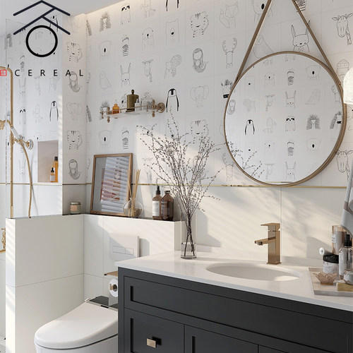 黑白线条卡通动物图案花砖200x200卫生间墙地砖阳台餐厅厨房瓷砖