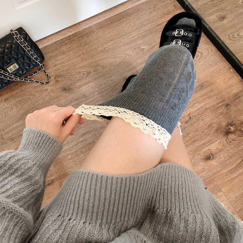 蕾丝花边小腿袜女春秋款灰色过膝