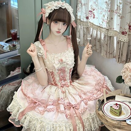 梦呓蝶Lolita裙甜美少女风洋装芭蕾风jsk吊带蕾丝蛋糕裙粉色