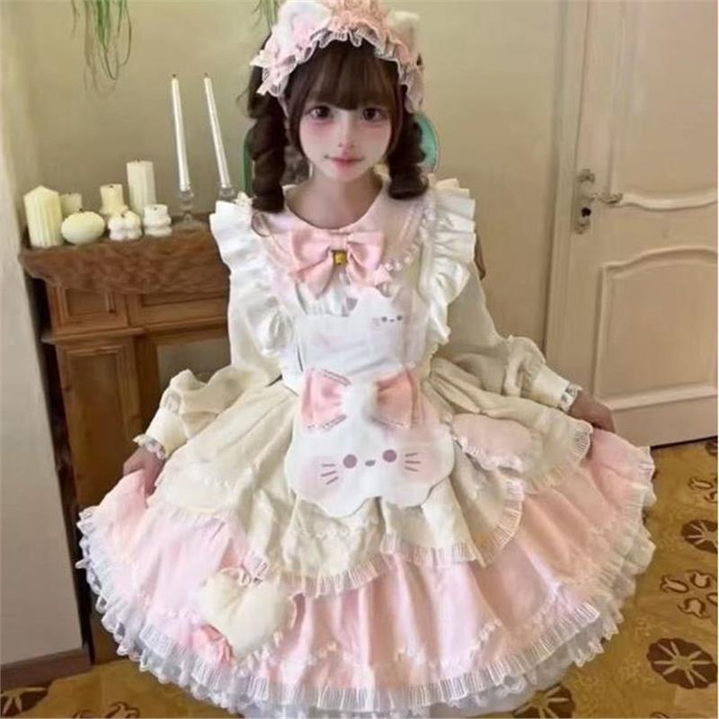 长袖lolita裙少女洛丽塔蓬蓬连衣裙蝴蝶结小猫围裙可爱少萝咖啡厅