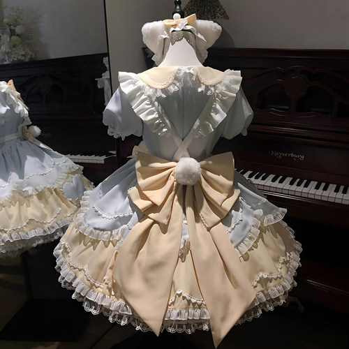 甜茶少女lolita裙甜美可爱洛丽塔蓬蓬连衣裙蝴蝶结围裙少女公主裙