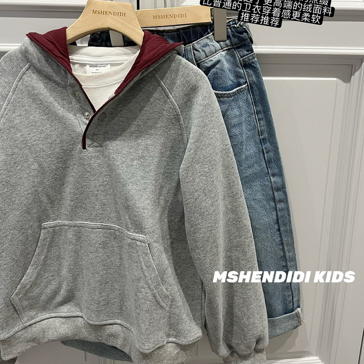 细节！撞色 秋冬连帽卫衣儿童宽松运动休闲简约百搭套头针织外套