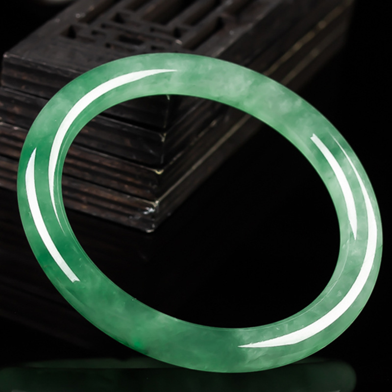 日本品质阳绿细圆条翡翠手镯女款天然冰种水润飘花玉镯子正品叮当