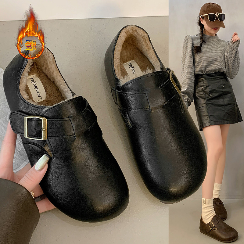 加绒勃肯鞋女鞋冬2025新款皮面棉鞋博肯平软底乐福鞋玛丽珍小皮鞋