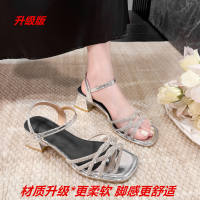 Women's rough heel sandals with rhinestones, 2026 new summer style, silver mid-heel, fairy-like style, perfect with a skirt and high heels thumbnail 3