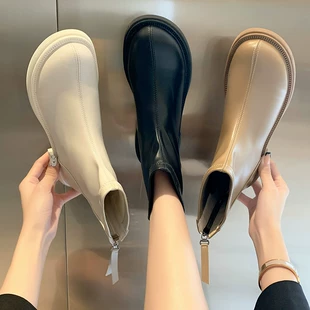 新款 大头靴子加绒白色单靴切尔西靴芒果头短靴 马丁靴女2022秋冬季