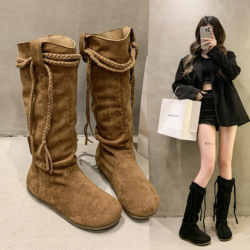 靴子女夏西部牛仔靴废土风美拉德骑士长筒靴堆堆长靴沙漠大黄靴