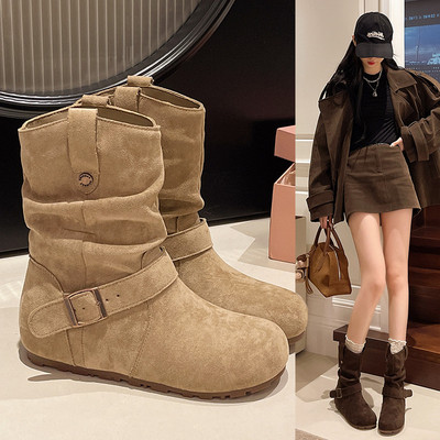 马丁靴女款2025新款超火巨好看短靴丑萌堆堆软平底勃肯卡其色靴子