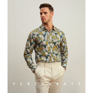 脊椎动物男装春夏轻薄纯棉数码印花长袖花衬衫黄绿油画风格衬衣