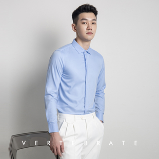 脊椎动物男装竹纤维抗皱透气顺滑长袖衬衫暗门襟小领白色蓝色衬衣