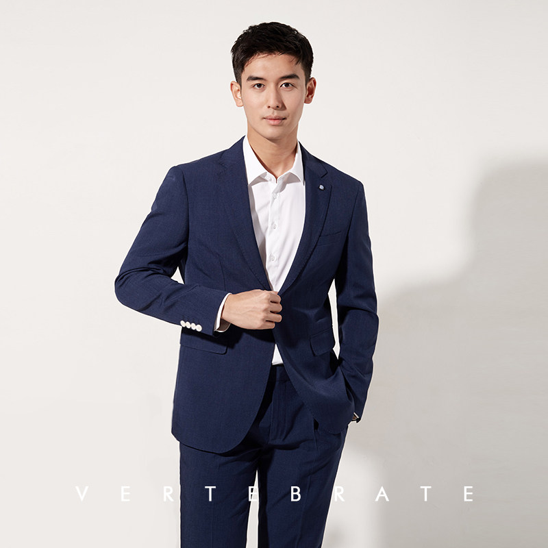 脊椎动物男装春夏仿麻深蓝西服