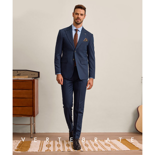 脊椎动物男装商务绅士礼服深蓝色光泽感男士职业西装竹纤维混纺