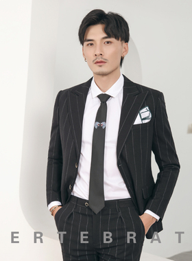 脊椎动物男装时尚黑色条纹西装欧美宽领修身英伦风帅气西服8022