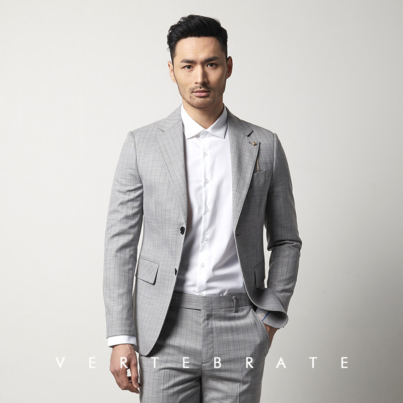 脊椎动物男装混纺条纹西装轻商务浅灰色珠边宽领绅士西服送胸针
