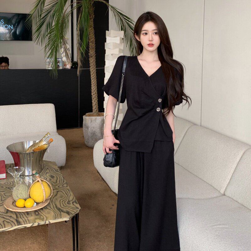 大码时尚高级感套装女夏季气质赫本风上衣胖MM显瘦阔腿裤子两件套